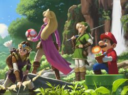 Rule 34 | 2boys, 2girls, arrow (projectile), bag, bird, blonde hair, blue eyes, boots, bow, brown hair, coat, crossover, facial hair, fire flower, flower pot, fly agaric, forest, gloves, hand on own hip, link, long hair, mario, mario (series), master sword, mauricio abril, multiple boys, multiple girls, mushroom, mustache, nature, nintendo, outdoors, overalls, pink coat, plant, pointy ears, potted plant, power-up, princess peach, princess zelda, quiver, red coat, red headwear, red mushroom, shield, short hair, sword, the legend of zelda, tiara, tree, tunic, water, waterfall, weapon, white gloves