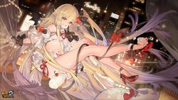 Rule 34 | 1girl, bare shoulders, bat wings, benghuai xueyuan, blonde hair, breasts, building, character name, city, copyright name, detached sleeves, femirins (benghuai xueyuan), food, full body, gloves, hair between eyes, hair ornament, heart, heart-shaped pupils, heart hair ornament, high heels, highres, honkai (series), logo, long hair, navel, night, official art, pubic tattoo, red eyes, second-party source, skyscraper, small breasts, smile, solo, symbol-shaped pupils, tail, tattoo, tongue, tongue out, underboob, wings