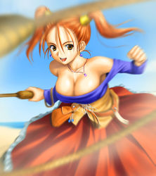 Rule 34 | 1girl, armpits, bare shoulders, breasts, cleavage, corset, downblouse, dragon quest, dragon quest viii, dress, jessica albert, jewelry, large breasts, necklace, orange hair, purple shirt, shirt, solo, square enix, strapless, strapless dress, twintails, whip