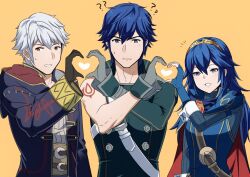 Rule 34 | 1girl, 2boys, ?, ??, ameno (a meno0), belt, black gloves, black robe, blue cape, blue eyes, blue gloves, blue hair, brown belt, brown eyes, cape, chrom (fire emblem), closed mouth, commentary, father and daughter, fingerless gloves, fire emblem, fire emblem awakening, gloves, grey gloves, grey shirt, heart, heart hands, heart hands trio, heart in heart hands, height difference, hood, hood down, hooded robe, jewelry, long hair, long sleeves, looking at viewer, lucina (fire emblem), multicolored hair, multiple boys, nintendo, open clothes, open robe, red cape, robe, robin (fire emblem), robin (male) (fire emblem), shirt, short hair, simple background, single sleeve, smile, sweatdrop, symbol-only commentary, tiara, two-tone cape, upper body, white belt, white hair, yellow background