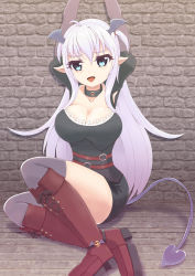 Rule 34 | 1girl, absurdres, ahoge, arms up, bdsm, black shirt, black skirt, blue eyes, blush, bondage, boots, bound, breasts, choker, cleavage, collarbone, demon girl, demon tail, female focus, grey thighhighs, hair tie, head wings, highres, indoors, jpeg artifacts, knee boots, large breasts, light blush, long hair, looking at viewer, miniskirt, one side up, open mouth, original, pencil skirt, pointy ears, puffy sleeves, red footwear, shirt, silver hair, sitting, skirt, smile, solo, tail, textless version, thighhighs, uwa~a, wings