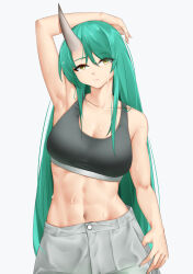Rule 34 | 1girl, absurdres, arknights, arm up, armpits, bare arms, bare shoulders, casperrin, commentary request, crop top, green hair, grey background, grey pants, hair between eyes, highres, horns, hoshiguma (arknights), long hair, looking at viewer, midriff, navel, pants, simple background, single horn, smile, solo, sports bra, stomach, upper body, very long hair, yellow eyes