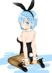 Rule 34 | 10s, 1girl, animal ears, ass, bare shoulders, blue eyes, blue hair, breasts, brown pantyhose, closed mouth, cuff links, detached collar, fake animal ears, from behind, full body, hair ornament, hair over one eye, hairband, high heels, leotard, looking at viewer, looking back, matching hair/eyes, one eye covered, pantyhose, playboy bunny, rabbit ears, rabbit tail, re:zero kara hajimeru isekai seikatsu, rem (re:zero), shiny skin, shoes, short hair, sideboob, simple background, sitting, solo, tail, toshishikisai, wariza, white background, wrist cuffs, x hair ornament