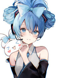 Rule 34 | &gt; &lt;, 1girl, :d, bare shoulders, black sleeves, blue bow, blue eyes, blue hair, blue necktie, blush, bow, cinnamiku, cinnamoroll, closed mouth, collared shirt, commentary, detached sleeves, ear bow, hair between eyes, hair bow, hand up, hatsune miku, headset, highres, long hair, looking at viewer, necktie, open mouth, sanrio, shirt, simple background, sleeveless, sleeveless shirt, smile, sonna banana, split mouth, tied ears, updo, upper body, vocaloid, white background, white shirt, xd