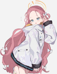 Rule 34 | 1girl, blue archive, blue eyes, blush, bow, braid, flying sweatdrops, forehead, hair bow, halo, highres, hood, hooded jacket, id card, jacket, long hair, one side up, open mouth, parted bangs, red hair, sandals, sanma (tabet ), sleeves past wrists, solo, very long hair, white bow, yuzu (blue archive)
