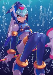 Rule 34 | 1girl, android, blue eyes, boots, fairy leviathan (mega man), glaive (polearm), helmet, highres, mega man (series), mega man zero (series), polearm, signature, smile, snowflakes, solo, tesshii (riza4828), thighhighs, underwater