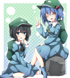 Rule 34 | 2girls, backpack, bad id, bag, black hair, boots, closed umbrella, creta (taku10), dark haired kappa, extra, female focus, grey eyes, hair bobbles, hair ornament, hand to own mouth, hat, kappa mob (touhou), kawashiro nitori, multiple girls, open mouth, rock, rubber boots, shirt, sitting, sitting on rock, skirt, skirt set, smile, touhou, twintails, two side up, umbrella