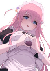 Rule 34 | 1girl, absurdres, alternate costume, blue eyes, blush, bocchi the rock!, breasts, commentary request, cube hair ornament, detached collar, dress, enmaided, frilled dress, frills, from below, gotoh hitori, hair between eyes, hair ornament, heart, heart hands, highres, large breasts, long hair, maid, maid headdress, one side up, open mouth, pige pig, pink hair, puffy short sleeves, puffy sleeves, short sleeves, simple background, solo, white background, wrist cuffs