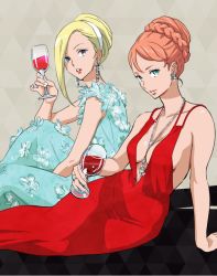 Rule 34 | 2girls, aida rayhunton, blonde hair, breasts, cleavage, closed mouth, cup, dress, drinking glass, earrings, green eyes, gundam, gundam g no reconguista, jewelry, kei-co, lipstick, long hair, looking at viewer, makeup, multiple girls, red dress, smile, wine glass