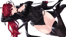 Rule 34 | 1girl, black choker, black footwear, black jacket, black leotard, black thighhighs, bow, breasts, cait aron, choker, cleavage, gloves, hair ribbon, high heels, highres, jacket, large breasts, leotard, long hair, long sleeves, looking at viewer, persona, persona 5, ponytail, red eyes, red gloves, red hair, ribbon, simple background, smile, solo, thighhighs, weapon, white background, yoshizawa kasumi