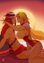 Rule 34 | 1boy, 1girl, about to kiss, abs, alternate costume, beach, blonde hair, blue eyes, breasts, cape, fire emblem, fire emblem: the sacred stones, fire emblem heroes, hat, highres, ihsnet, joshua (fire emblem), joshua (summer) (fire emblem), large breasts, long hair, nintendo, nipples, ocean, official alternate costume, penis, pubic hair, red eyes, red hair, sand, selena (fire emblem: the sacred stones), selena (summer) (fire emblem: the sacred stones), shoulder pads, smile, smirk, sun, sunset, swimsuit, testicles