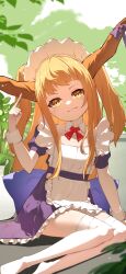 Rule 34 | 1girl, absurdres, alternate costume, apron, back bow, blonde hair, blush, bow, bowtie, breasts, brown horns, closed mouth, collar, commentary, detached collar, dress, enmaided, frilled apron, frills, full body, highres, horn bow, horn ornament, horns, ibuki suika, large bow, long hair, looking at viewer, maid, maid apron, maid day, medium bangs, no shoes, oeyama, puffy short sleeves, puffy sleeves, purple bow, purple dress, red bow, red bowtie, short sleeves, sidelocks, sitting, small breasts, smile, solo, square neckline, thighhighs, touhou, two side up, very long hair, white apron, white collar, white thighhighs, wrist cuffs, yellow eyes, yokozuwari