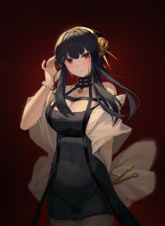 Rule 34 | 1girl, absurdres, arm behind back, bead bracelet, beads, black dress, black hair, bracelet, closed mouth, covered navel, cowboy shot, dagger, dress, floating hair, flower, gold hairband, gradient background, hair flower, hair ornament, hairband, hand up, highres, holding, holding dagger, holding knife, holding weapon, jewelry, kankou tokudou, knife, long hair, looking at viewer, off-shoulder dress, off shoulder, red background, red eyes, rose, shawl, sidelocks, solo, spikes, spy x family, tight clothes, tight dress, two-sided dress, two-sided fabric, weapon, yor briar