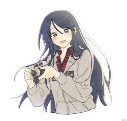 Rule 34 | 1girl, black hair, blue eyes, blush, camera, cocov, collared shirt, commentary request, dot nose, highres, holding, holding camera, hoshino ichika (project sekai), jacket, korean commentary, long hair, long sleeves, looking at viewer, open mouth, partially unzipped, plaid, plaid shirt, project sekai, shirt, simple background, smile, solo, upper body, white background
