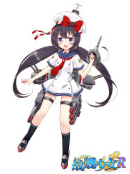 Rule 34 | 1girl, :d, antonio da noli (zhan jian shao nyu), black hair, black socks, blush, bow, buttons, cannon, copyright name, double-breasted, dress, full body, hat, highres, holding, holding weapon, italy, legs apart, linda b, long hair, looking at viewer, low twintails, machinery, official art, open mouth, purple eyes, red bow, ribbon, sailor collar, sailor dress, shirt, short sleeves, smile, socks, solo, standing, striped ribbon, teeth, thigh strap, torpedo, turret, twintails, very long hair, warship girls r, weapon, white background, white hat, white shirt