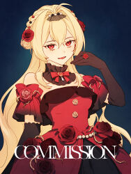 Rule 34 | 1girl, aluce, black gloves, blonde hair, blue background, breasts, commission, detached sleeves, dress, elbow gloves, flower, flower ring, gloves, hair between eyes, hair ornament, highres, jewelry, long hair, looking at viewer, medium breasts, original, red dress, red eyes, red flower, red rose, ring, rose, simple background, smile, solo