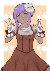 Rule 34 | 1girl, :&gt;, blush, brown background, brown dress, closed eyes, closed mouth, dark-skinned female, dark skin, double w, dress, facing viewer, fate/prototype, fate/prototype: fragments of blue and silver, fate (series), gloves, hands up, hassan of serenity (fate), head tilt, i.u.y, mask, mask on head, pleated dress, puffy short sleeves, puffy sleeves, purple hair, shirt, short sleeves, skull mask, sleeveless, sleeveless dress, solo, star (symbol), striped clothes, striped shirt, two-tone background, vertical-striped clothes, vertical-striped shirt, w, white background, white gloves, white shirt