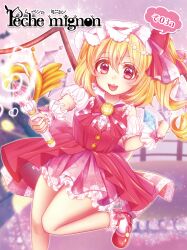 Rule 34 | 1girl, blonde hair, comiket 93, cowboy shot, flandre scarlet, hat, hat ribbon, highres, magical girl, mary janes, momoyama riyo, open mouth, red eyes, red ribbon, ribbon, shoes, side ponytail, solo, standing, standing on one leg, teeth, touhou, upper teeth only, white mob cap, wrist cuffs