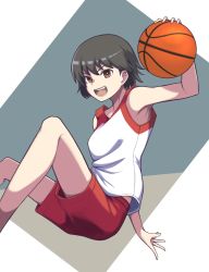 Rule 34 | 1girl, alternate costume, ball, basketball, basketball (object), basketball uniform, brown eyes, brown hair, commentary, girls und panzer, highres, holding, holding ball, isobe noriko, looking at viewer, open mouth, red shorts, shirt, short hair, shorts, smile, solo, sportswear, white shirt, yougata