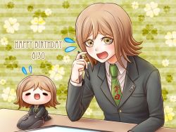 Rule 34 | 1boy, :d, androgynous, brown eyes, brown hair, character doll, danganronpa (series), danganronpa 3 (anime), green background, green necktie, grey jacket, happy birthday, holding, holding pen, jacket, long sleeves, male focus, mitarai ryota, mouse (computer), necktie, open mouth, pen, short hair, sitting, smile, solo, striped, striped background, yumaru (marumarumaru)