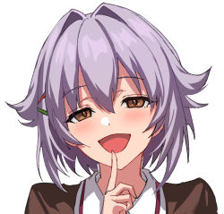 Rule 34 | 1girl, :d, blouse, blush, brown eyes, brown jacket, finger to mouth, hair intakes, hair ornament, hairclip, hand up, highres, idolmaster, idolmaster cinderella girls, index finger raised, jacket, koshimizu sachiko, looking at viewer, open mouth, portrait, purple hair, shirt, simple background, smile, solo, ulrich (tagaragakuin), white background, white shirt