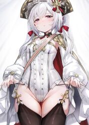 Rule 34 | 1girl, azur lane, black thighhighs, blush, breasts, buttons, coat, commentary, covered navel, cowboy shot, detached sleeves, double-breasted, flandre (azur lane), garter straps, gluteal fold, groin, hair between eyes, half-closed eyes, hat, highres, kai (ootamuno12), leotard, long hair, long sleeves, low twintails, parted lips, purple eyes, red ribbon, ribbon, simple background, small breasts, solo, strapless, strapless leotard, thick thighs, thighhighs, thighs, twintails, white background, white coat, white hair, white leotard