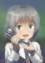 Rule 34 | 1girl, artist name, dated, gradient background, green eyes, grey hair, highres, kanokoga, phone, sanya v. litvyak, short hair, smile, solo, strike witches, upper body, world witches series