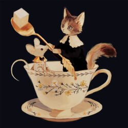 Rule 34 | animal, animal focus, black background, black shirt, brown eyes, cat, closed mouth, clothed animal, collar, collared shirt, commentary, commentary request, cup, english commentary, flower, frilled shirt collar, frills, from side, full body, gold spoon, grey eyes, highres, holding, holding spoon, in container, in cup, leaf cutlery, leaf spoon, looking at another, mini person, minimized, mouse (animal), no humans, original, porcelain, saucer, shirt, simple background, spoon, sugar cube, teacup, three quarter view, tono (rt0no), white collar, white flower, yellow collar, yellow flower