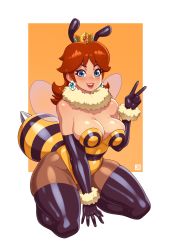 Rule 34 | 1girl, absurdres, alternate costume, antennae, arthropod girl, bee, bee girl, black gloves, blue eyes, breasts, brown hair, bug, cleavage, crown, earrings, elbow gloves, female focus, fluff, fur trim, gloves, hand on floor, highres, insect, insect girl, insect wings, jewelry, kneeling, large breasts, leotard, lipstick, long hair, looking at viewer, makeup, mario (series), nintendo, pantyhose, princess daisy, riz, shiny skin, smile, solo, stinger, super mario galaxy, thick thighs, thighs, tomboy, v, wings, yellow leotard
