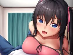 Rule 34 | 1girl, bare shoulders, black hair, blue eyes, blush, breast press, breasts, cleavage, curtains, fang, hair between eyes, indoors, large breasts, legs, looking at viewer, lying, nose blush, off shoulder, open mouth, original, pink tank top, pov, smile, solo focus, tank top, tapisuke, thighs, twintails