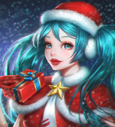 Rule 34 | 1girl, aqua eyes, aqua hair, blue ribbon, breasts, christmas, chromatic aberration, closed mouth, commentary request, eyelashes, fur-trimmed headwear, fur trim, gift, gloves, hat, hatsune miku, highres, long hair, looking at viewer, medium breasts, red gloves, red hat, red lips, rena illusion, ribbon, santa hat, solo, sparkle, star (symbol), twintails, very long hair, vocaloid