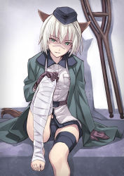 Rule 34 | 1girl, animal ears, bad id, bad pixiv id, bandages, barefoot, black panties, crutch, feet, garrison cap, gloves, green eyes, hanna rudel, hat, matsuryuu, military, military uniform, panties, scar, silver hair, sitting, solo, strike witches, strike witches: suomus misfits squadron, toes, underwear, uniform, world witches series