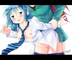 Rule 34 | 10s, 2girls, arm grab, arm held back, artist name, bad id, bad pixiv id, bent over, blue eyes, blue hair, blush, breasts, clothed sex, doggystyle, dress shirt, futa with female, futanari, gleision adain, hair ornament, hairclip, head out of frame, holding hands, implied futanari, jewelry, letterboxed, long hair, mahou shoujo madoka magica, mahou shoujo madoka magica (anime), miki sayaka, multiple girls, nail polish, navel, necktie, nipples, open mouth, red hair, restrained, ring, sakura kyoko, sex, sex from behind, shirt, short hair, small breasts, sweat, unbuttoned, white background