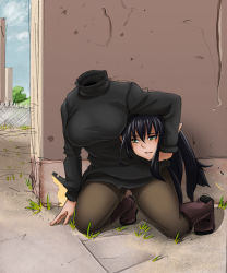 Rule 34 | 1girl, black hair, blush, boots, breasts, character request, corner, disembodied head, drawfag, dress, dullahan, green eyes, headless, hiding, highres, kneeling, large breasts, monster girl, pants, pantyhose, pointy ears, solo, sweater, sweater dress, turtleneck