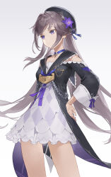 1girl bare_shoulders beret black_hat black_jacket black_sailor_collar breasts chain choker clothing_cutout commentary cotta_(heleif) doll_joints dress flower grey_hair hat hat_flower herta_(honkai:_star_rail) highres honkai:_star_rail honkai_(series) jacket jewelry joints key key_necklace lock long_hair necklace purple_eyes sailor_collar shoulder_cutout sidelocks small_breasts solo thighs white_dress