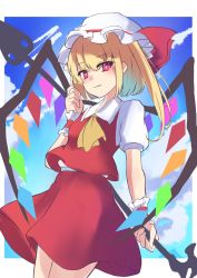 Rule 34 | 1girl, ascot, blonde hair, blush, border, bow, breasts, bright pupils, closed mouth, cloud, cloudy sky, commentary request, contrail, cowboy shot, crystal, day, fang, fang out, flandre scarlet, from below, hat, hat bow, highres, holding, holding weapon, laevatein, light smile, looking at viewer, mob cap, one side up, outdoors, outside border, puffy short sleeves, puffy sleeves, red bow, red skirt, red vest, rurimaringo, short hair, short sleeves, skirt, sky, small breasts, solo, touhou, vest, weapon, white border, white hat, wings, wrist cuffs, yellow ascot