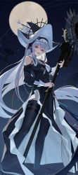 Rule 34 | 1girl, :d, absurdres, arknights, bare shoulders, black dress, black thighhighs, breasts, circular saw, commentary, dress, full moon, grey hair, hair between eyes, hat, highres, holding, holding weapon, long hair, long sleeves, looking at viewer, medium breasts, moon, night, night sky, open mouth, outdoors, red eyes, saw, sky, smile, solo, specter (arknights), specter the unchained (arknights), standing, teruru (teruru0321), thighhighs, very long hair, weapon