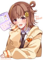Rule 34 | 1girl, :d, badge, black necktie, blonde hair, blush, brown hair, button badge, collared shirt, cropped torso, dot nose, fujishiro kokoa, hand on own cheek, hand on own face, head rest, highres, holding, holding paper, hood, hood down, hooded jacket, jacket, long sleeves, looking at viewer, medium hair, multicolored hair, necktie, open mouth, paper, purple eyes, school uniform, sendo yuuhi, shirt, simple background, single hair ring, sleeve cuffs, smile, solo, streaked hair, teeth, twitter username, upper teeth only, virtual youtuber, vspo!, white background, white shirt, yellow jacket