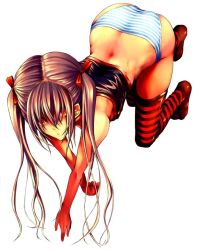 Rule 34 | 1girl, akahoshi kenji, all fours, ass, brown hair, butt crack, elbow gloves, gloves, long hair, looking at viewer, midriff, panties, red eyes, simple background, solo, striped clothes, striped panties, striped thighhighs, thighhighs, twintails, underwear, white background