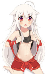 Rule 34 | 10s, 1girl, ahoge, bare legs, bare shoulders, barefoot, black shirt, blush, breasts, brown eyes, chiya (urara meirochou), clothes lift, collarbone, commentary request, fang, groin, hair between eyes, hair flaps, highres, kneeling, lifting own clothes, long hair, looking at viewer, medium breasts, navel, no bra, open mouth, red skirt, shirt, shirt lift, sidelocks, simple background, skirt, sleeveless, sleeveless shirt, soles, solo, tareme, tears, underboob, urara meirochou, very long hair, white background, white hair, xiaosamiao