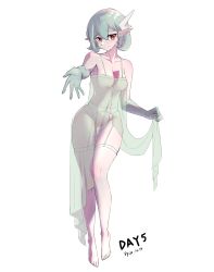 Rule 34 | 1girl, absurdres, arm up, babydoll, babydoll lift, bare shoulders, blush, bob cut, breasts, cleft of venus, closed mouth, collarbone, creatures (company), dated, english text, female focus, full body, game freak, gaoling gangqin, gardevoir, garter belt, gen 3 pokemon, green hair, groin, hand up, highres, humanization, legs, lifting own clothes, looking at viewer, medium breasts, navel, nintendo, nipples, outstretched arm, pointy ears, pokemon, pussy, reaching, reaching towards viewer, red eyes, see-through, short hair, simple background, solo, spaghetti strap, split mouth, standing, thigh gap, thighhighs, uncensored, white background, white thighhighs
