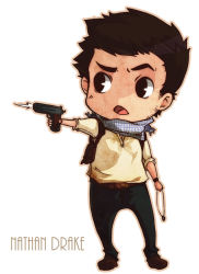 Rule 34 | 1boy, brown eyes, brown hair, chibi, gun, holster, jewelry, male focus, nathan drake, necklace, scarf, solo, uncharted, weapon, xmenoux