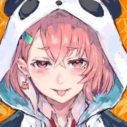 Rule 34 | 1girl, :p, animal costume, blush, collared shirt, crossed bangs, earrings, fang, fang out, hair between eyes, hair ornament, hairclip, hood, hood up, jewelry, looking at viewer, mole, mole under eye, necktie, nijisanji, orange background, panda costume, pink hair, popped collar, portrait, red eyes, red necktie, sasaki saku, sasaki saku (1st costume), shirt, shu-mai, smile, solo, tongue, tongue out, virtual youtuber, white shirt, wing collar