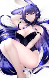 Rule 34 | 1girl, absurdres, animal ears, arm strap, ass, azur lane, black leotard, breasts, cleavage, detached collar, fake animal ears, feet out of frame, hand in own hair, highres, large breasts, leotard, long hair, looking at viewer, new jersey (azur lane), new jersey (exhilarating steps!) (azur lane), official alternate costume, oversized breast cup, playboy bunny, purple eyes, purple hair, rabbit ears, samip, thighs, very long hair
