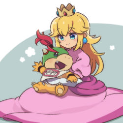 Rule 34 | 1boy, 1girl, bandana, blonde hair, blue eyes, bowser jr., bracelet, claws, closed mouth, colored skin, crown, dot nose, dress, earrings, elbow gloves, eyelashes, fang, full body, gloves, happy, holding, holding person, horns, hug, hug from behind, jewelry, long dress, long hair, looking at another, mario (series), nintendo, nostrils, open hand, open mouth, outstretched arm, pink dress, princess, princess peach, puffy short sleeves, puffy sleeves, red hair, short sleeves, sitting, size difference, smile, super mario bros. 1, super mario sunshine, thick eyebrows, ukata, white gloves, yellow skin