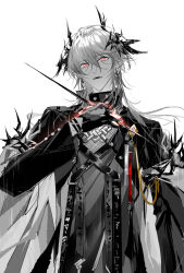 Rule 34 | 1boy, arknights, black choker, black gloves, choker, commentary, demon boy, demon horns, english commentary, frown, gloves, grey hair, hair between eyes, highres, holding, holding staff, horns, logos (arknights), long hair, looking at viewer, lordia, male focus, open mouth, pointy ears, red eyes, simple background, solo, spot color, staff, white background
