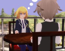 Rule 34 | 1boy, 1girl, 3d, ahoge, back, blonde hair, blush, blush stickers, braid, breasts, brown hair, command spell, commentary, couple, fate/apocrypha, fate (series), hand on table, hetero, jacket, jeanne d&#039;arc (fate), jeanne d&#039;arc (ruler) (fate), large breasts, long braid, long hair, long sleeves, looking at another, necktie, open clothes, open jacket, purple eyes, purple jacket, purple neckwear, purple thighhighs, sansei gomesu, shirt, short hair, sieg (fate), single braid, sitting, table, thighhighs, thighs, thinking, uniform, waistcoat, white shirt