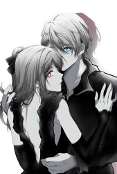 Rule 34 | 1boy, 1girl, back cutout, black dress, black shirt, blue eyes, brother and sister, chinese commentary, clothing cutout, collared shirt, commentary request, couple, dress, greyscale, hair between eyes, hetero, highres, hoshino aquamarine, hoshino ruby, incest, long hair, monochrome, one side up, oshi no ko, pink eyes, posycola, shadow, shirt, short hair, siblings, simple background, spot color, star-shaped pupils, star (symbol), symbol-shaped pupils, twins, white background