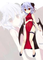 Rule 34 | 1girl, akisome hatsuka, alternate costume, arm at side, bare shoulders, bat wings, china dress, chinese clothes, double bun, dress, floral print, bridal garter, light purple hair, looking at viewer, no panties, open mouth, pointy ears, red dress, red eyes, remilia scarlet, short hair, side slit, solo, touhou, wings