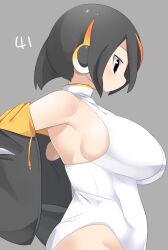 Rule 34 | 1girl, black hair, black jacket, blush, breasts, closed mouth, commentary request, cowboy shot, emperor penguin (kemono friends), grey background, headphones, highres, jacket, jacket partially removed, kemono friends, large breasts, lets0020, long bangs, looking down, multicolored hair, numbered, one-piece swimsuit, orange hair, profile, short hair, sideboob, simple background, solo, streaked hair, swimsuit, white one-piece swimsuit